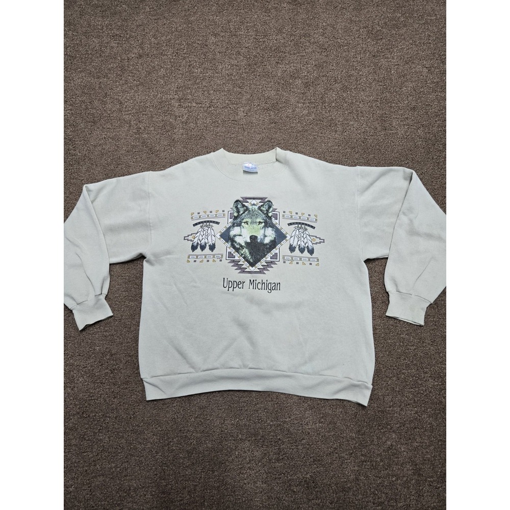 VTG 1995 Wolf Feathers Nature Print Sweatshirt Upper Michigan L Tee‎ Jays USA